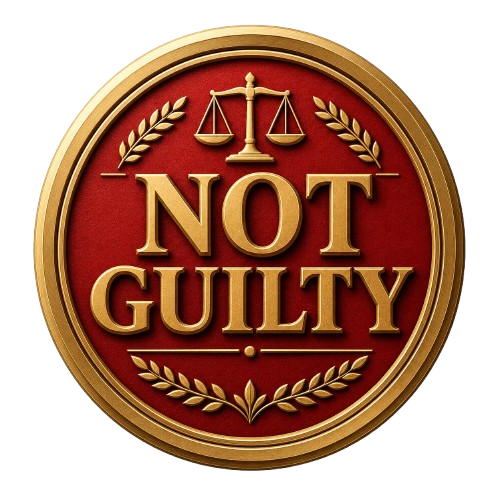 A round red and gold emblem displays the words NOT GUILTY with a scale of justice and laurel branches.
